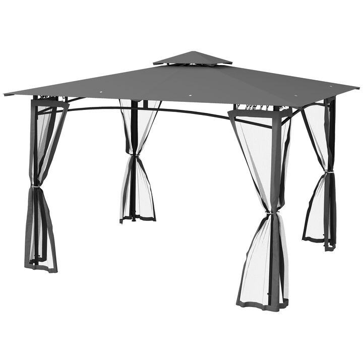 Outsunny 10' x 12' Patio Gazebo with Netting, Double Roof Outdoor Gazebo Canopy Shelter, Solid Metal Frame for Garden, Lawn, Backyard, Deck, Dark Gray