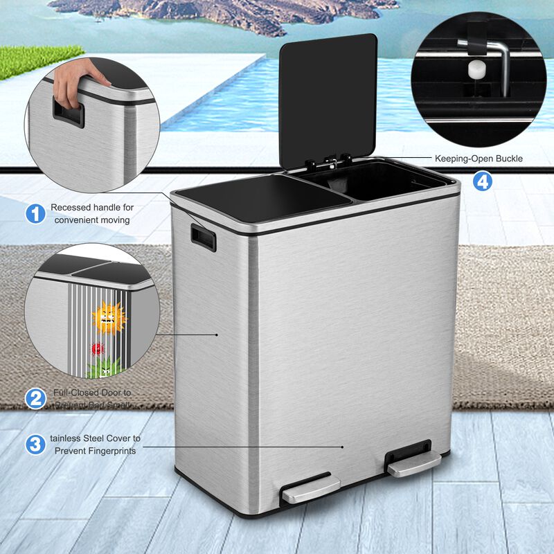 16 Gallon Dual Step Trash Can Recycling Double Bucket Pedal