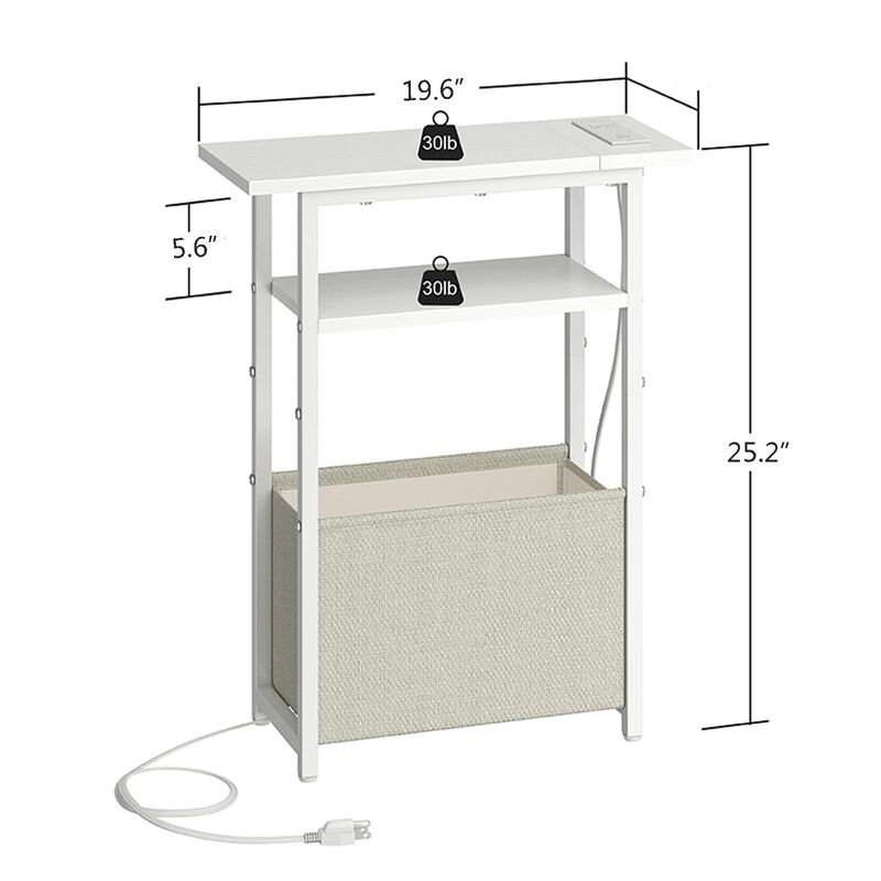sthmec Narrow Side Table with Charging Station, Small End Table for Small Spaces, Skinny Nightstands with Storage Basket, 3 Tier