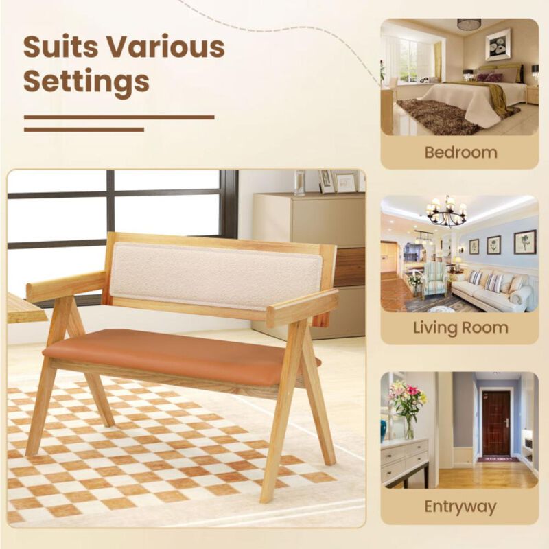 Hivvago Rubber Wood Dining Bench with Armrest Sherpa Upholstered Backrest and Soft-padded Seat