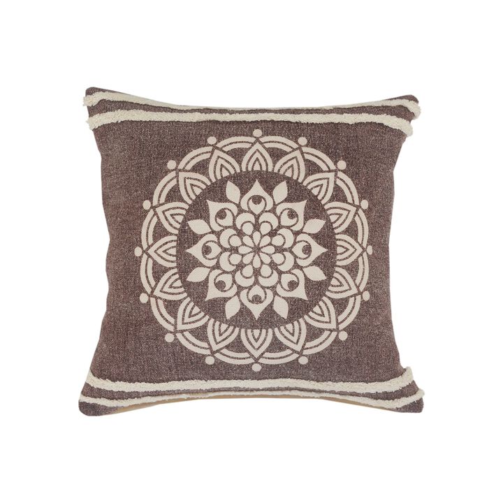 20" Brown and White Floral Medallion Square Throw Pillow