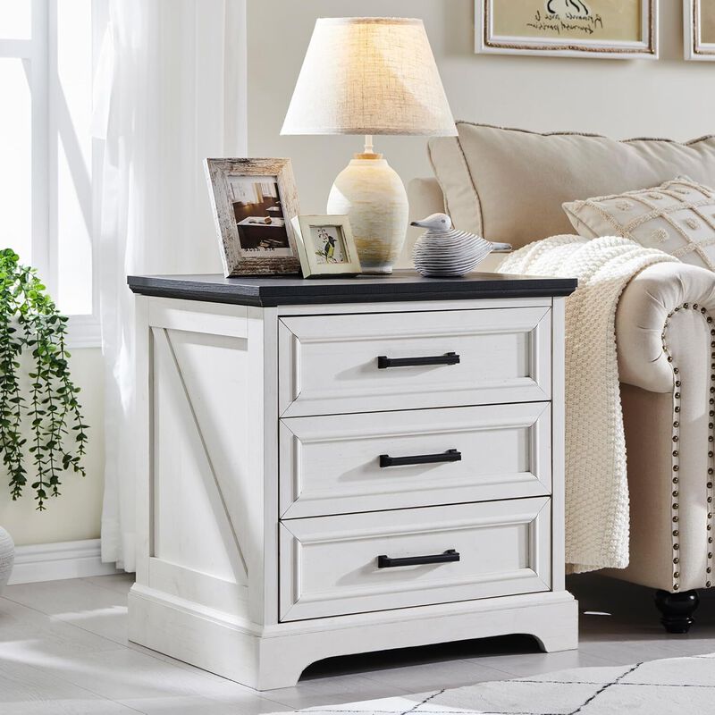 Farmhouse Nightstand Set of 2 with Charging Station, 22 Inch Wide End Table with 3 Large Drawers & Bar Handles, Rustic Wood Small Dresser, Off White image number 3