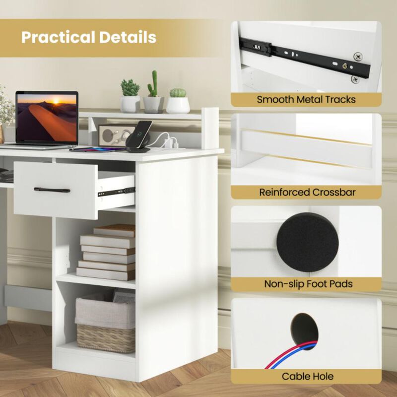 Hivvago White Desk with Charging Station and Adjustable Shelf for Home Office