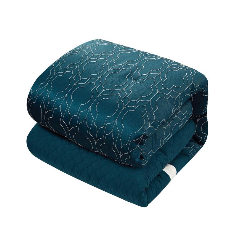 Chic Home Arlow Comforter Set Jacquard Geometric Quilted Pattern Design Bedding Teal Blue, Queen image number 8