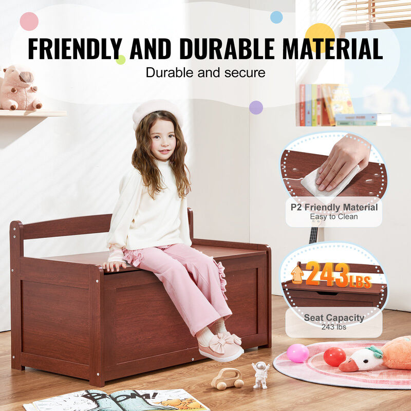 Wooden Toy Chest with Flip-Top Lid and Safety Hinge for Kids' Room or Playroom