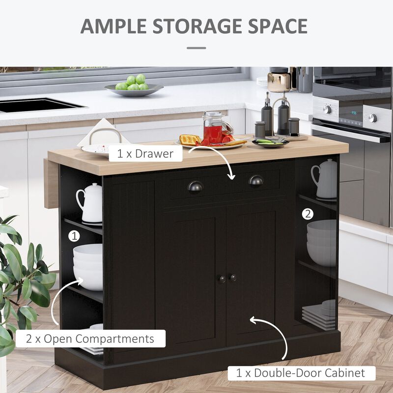 Black Kitchen Island: Freestanding Table with Drop Leaf and Storage