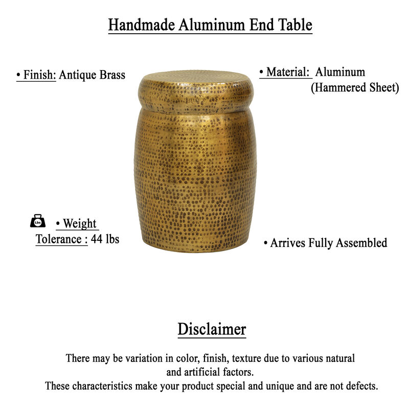 Kvira 21" Round Drum Side End Table | Artisan Hammered Embossed Texture | Antique Gold Brass Finish