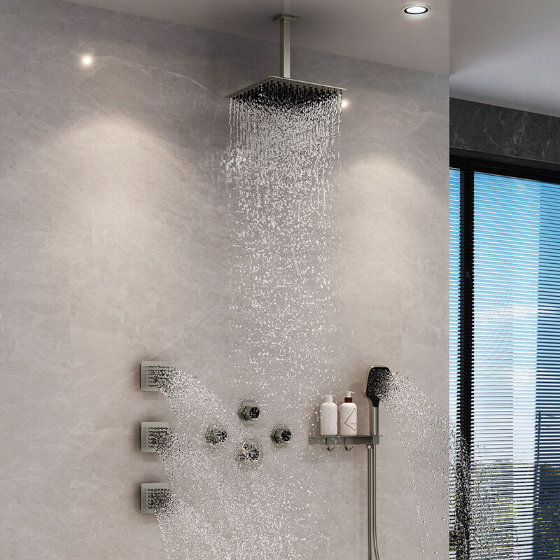 Mondawe Free Combination Handles Wall Mounted 12 Inch Thermostatic 3 Functions 5 Sprays Luxury Shower System with 6 Body Jets and Rough-in Valve Included in Brushed Nickel