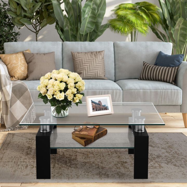 Rectangle Glass Coffee Table with Metal Legs for Living Room-Brown