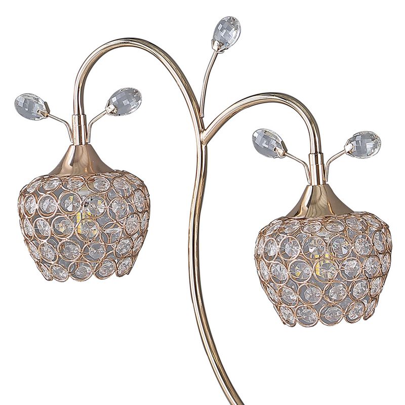 Floral Tree Design Metal Table Lamp with Dome Shade and Crystals, Gold - Benzara