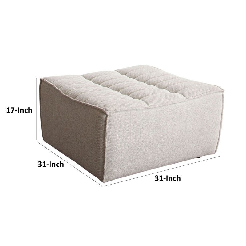 Ema Ottoman, Sand Beige Fabric, 31 Inch, Scooped Seat w Grid Tufting