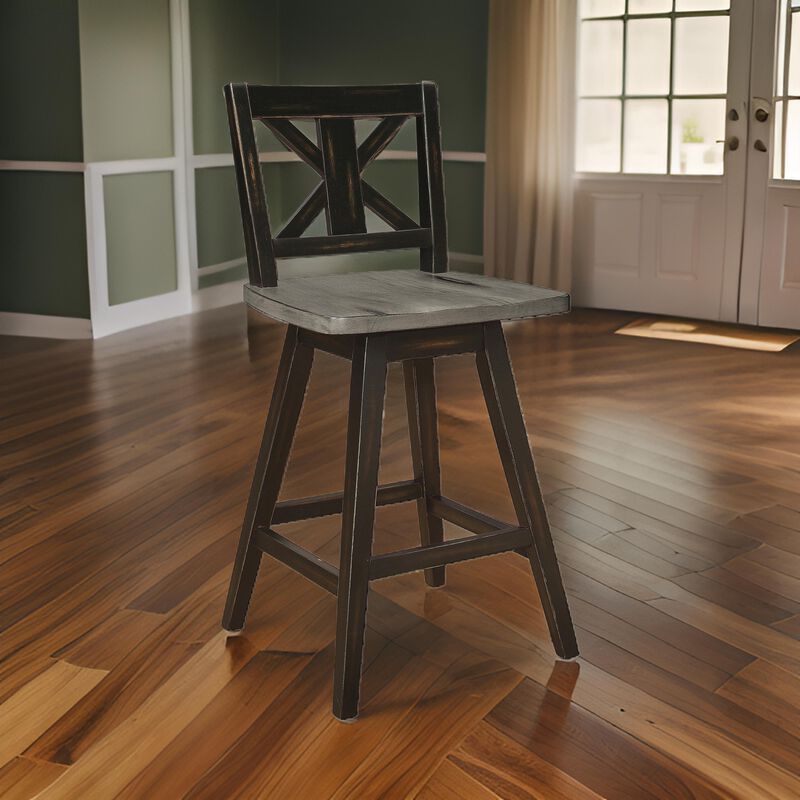 Farmhouse Swivel Counter Height Chair with X Shaped Back, Set of 2, Brown