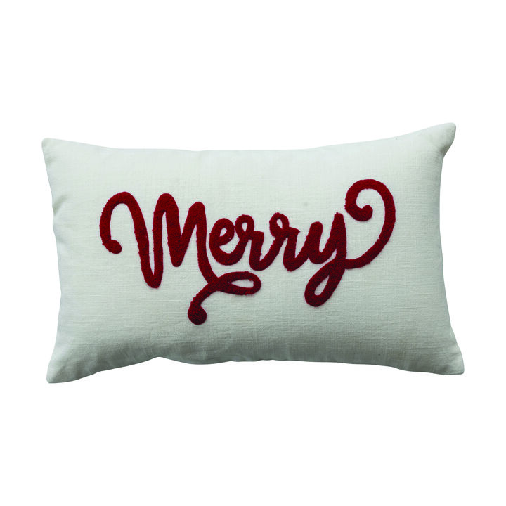 Cotton Slub Lumbar Pillow with Embroidered "Merry", Natural and Red