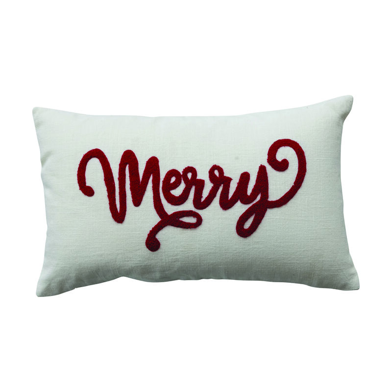 Cotton Slub Lumbar Pillow with Embroidered "Merry", Natural and Red image number 0