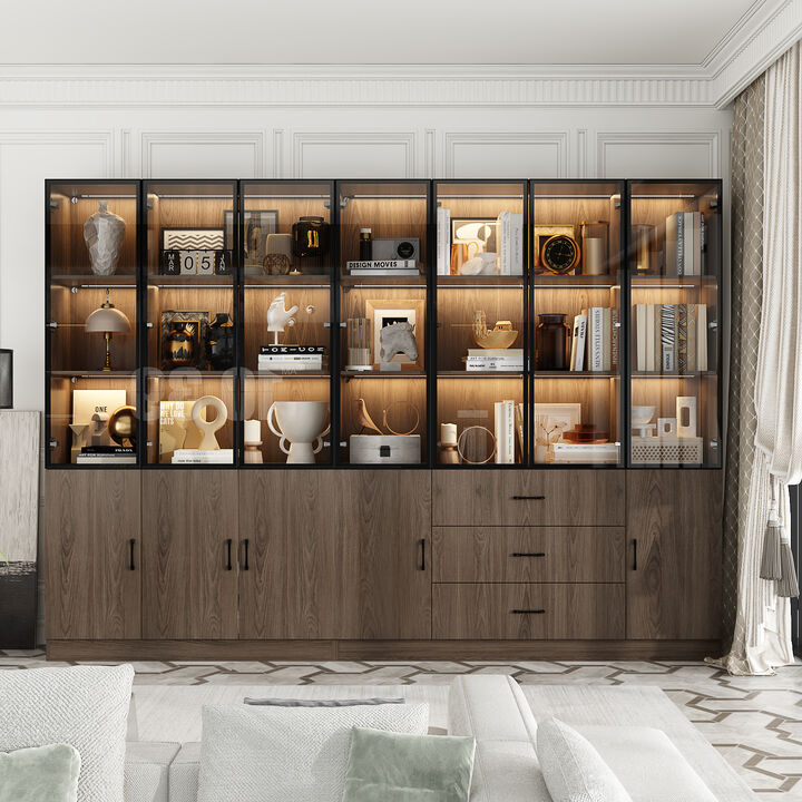 FUFU&GAGA Modern Wood Grain Display Storage Cabinet with Glass Doors, Wood Doors, and Drawers, Multi-Compartment Showcase with Hidden Storage and LED Lighting, (110.2 in. W x 15.7 in. D x 78.7 in. H), Deep Brown