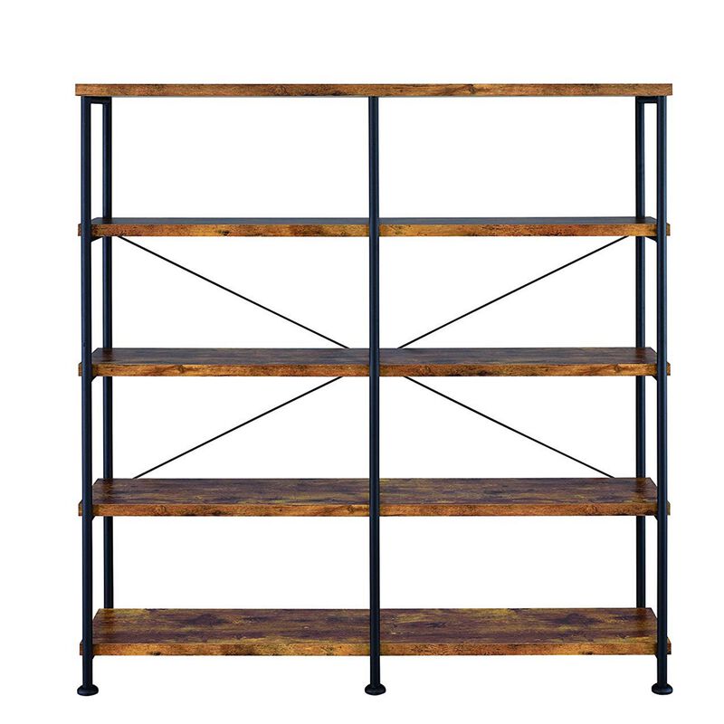 63 Inch Industrial 4 Tier Shelf Bookshelf, Particleboard, Metal Frame, Brown, Black-Benzara