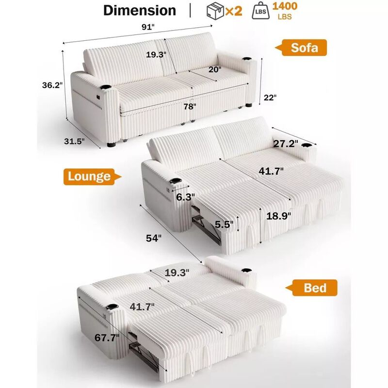 91" Convertible Sleeper Sofa Bed, Loveseat with 5-Level Reclining Backrest, Pull-Out Bed, USB Ports image number 1