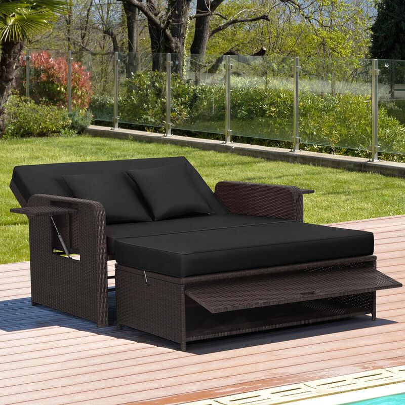 Mondawe Patio Rattan Daybed with 4-Level Adjustable Backrest and Retractable Side Tray