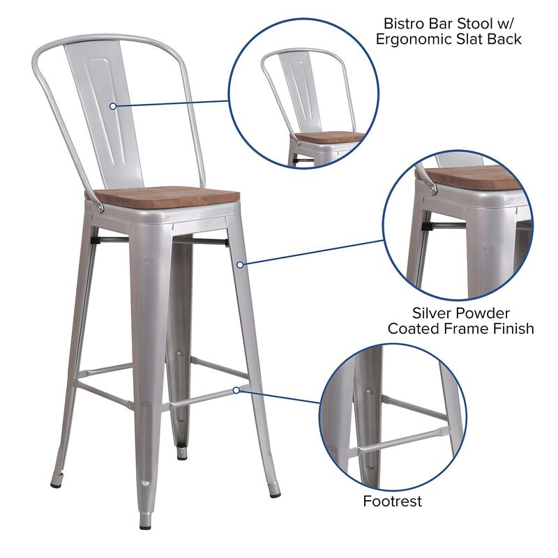 Flash Furniture Carly 24" High Crystal Teal-Blue Metal Counter Height Stool with Back and Wood Seat