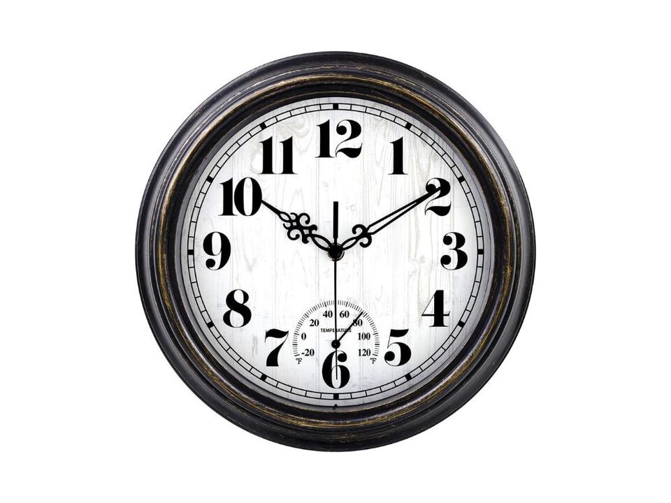 12" Indoor/Outdoor Wall Clock - Waterproof Battery Operated with Thermometer for Patio & Pool