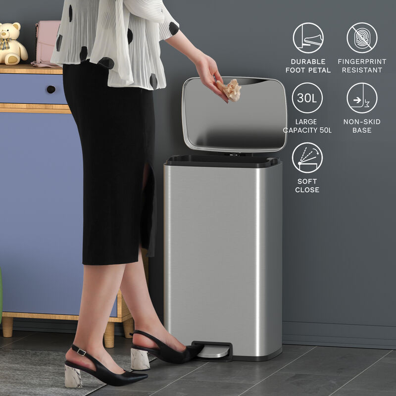 8 Gallon/30 Liter Rectangular Stainless Steel Step-on Trash Can for Kitchen office, Silver image number 2