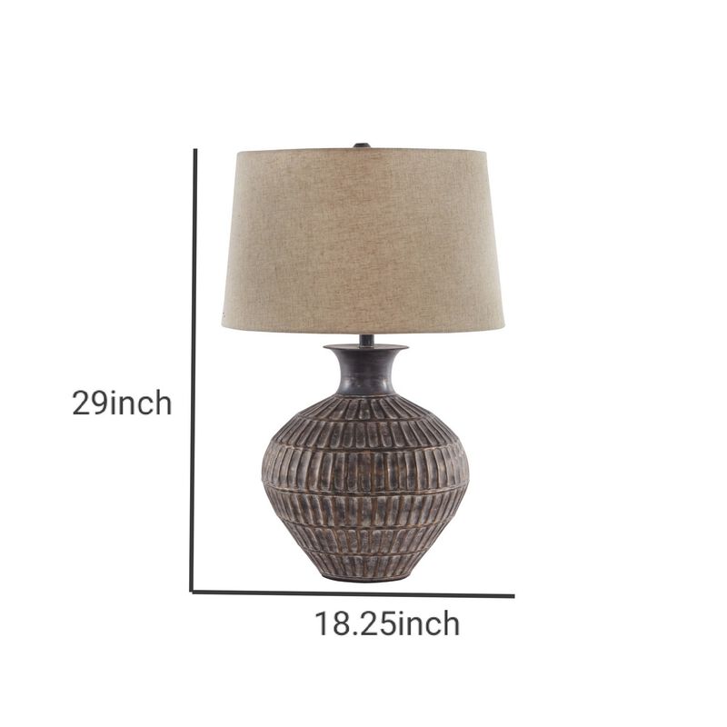 Metal Table Lamp with Bellied Embossed Vertical Lines Base, Antique Bronze-Benzara image number 5