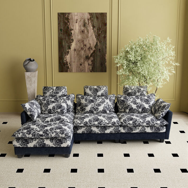 FUFU&GAGA Modern L-Shaped Sofa Set with Ottoman, 3 Lumbar Pillows, 3 Headrests and 2 Throw Pillows, Black & White Floral Fabric, (112.2 in. W x 29.1 in. D x 41.7 in. H), Blue