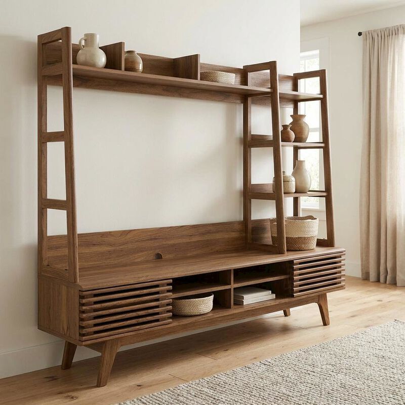 Brown Wood TV Stand Entertainment Center with Spacious Surface image number 4