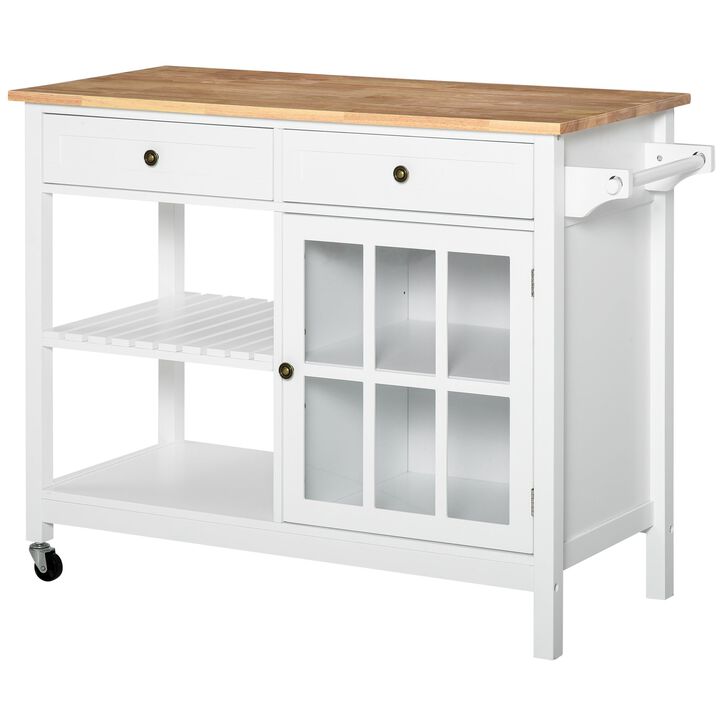 Rolling Kitchen Island with Storage, Kitchen Cart with Solid Wood Top, Glass Door Cabinet, Adjustable Shelf, Towel Rack, 2 Drawers for Dining Room, White