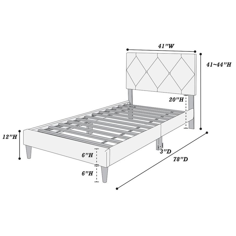 Poundex Adjustable Diamond Tufted Headboard Twin Bed Frame in Gray Velvet
