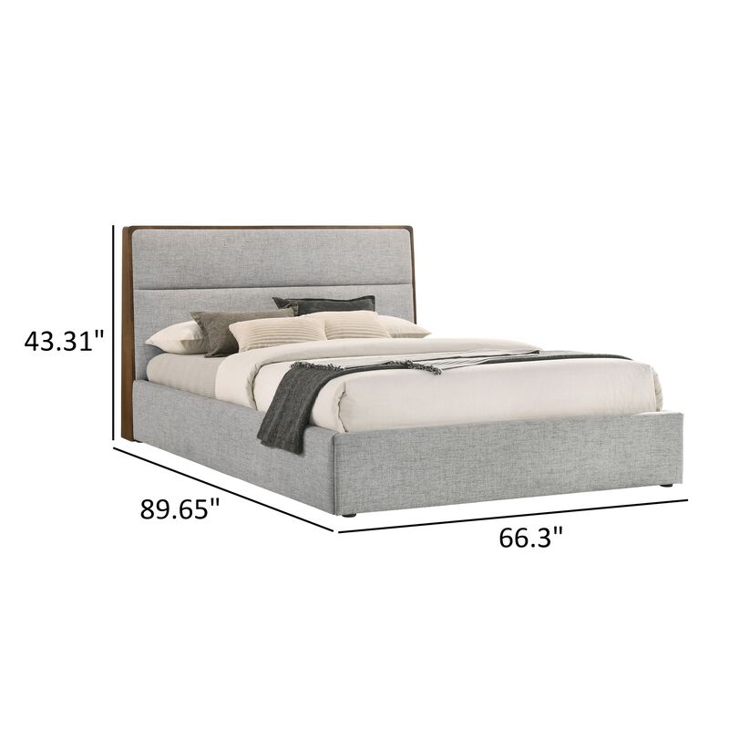 Aki Queen Size Platform Bed, Cushioned Upholstery, Gray Polyester, Walnut - Benzara