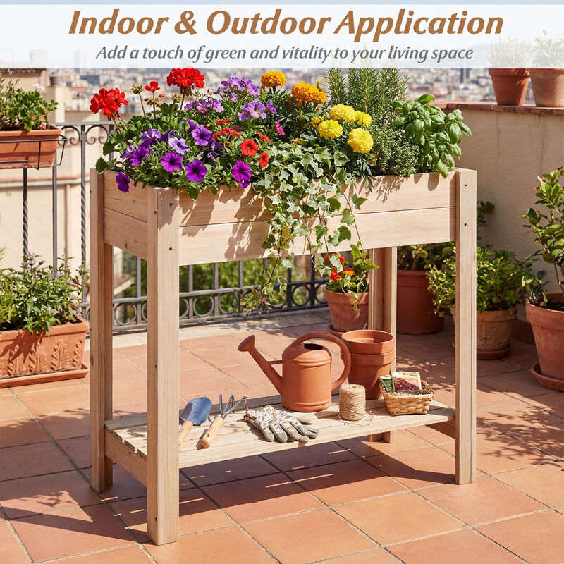 Wooden Elevated Garden Bed with Legs and Convenient Storage Shelf-Natural image number 4
