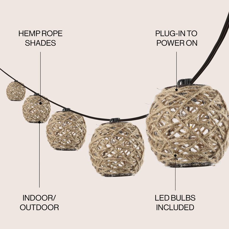 Oahu Light Indoor/Outdoor Rustic Coastal Incandescent C7 Globe Hemp Rope Shaded String Lights