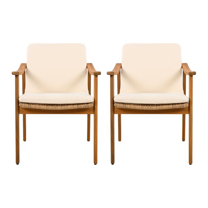 2 Pieces Outdoor Dining Chair, Teak Frame Brown PE Wicker Patio Chair With Waterproof Cushion