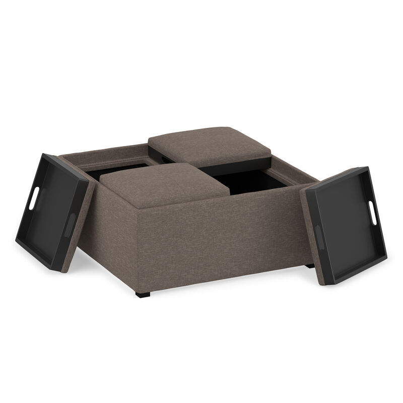 Avalon 35 inch Wide Contemporary Square Coffee Table Storage Ottoman in Fawn Brown Linen Look Fabric, Assembled image number 3