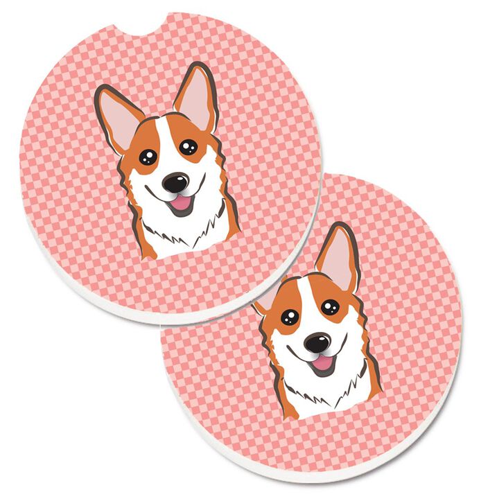Caroline's Treasures Checkerboard Pink Corgi Set of 2 Cup Holder Car Coasters BB1254CARC, 2.56, Multicolor