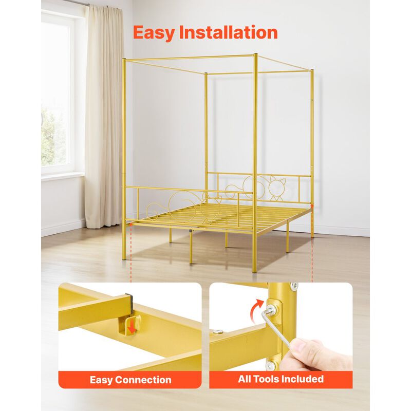 Full Size Metal Canopy Bed Frame, Gold, Four Poster Design with Steel Slat Support image number 5