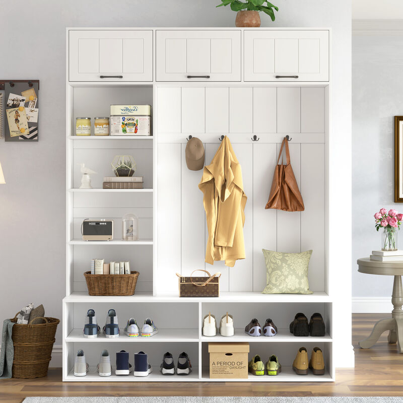 Merax Versatile Entryway Storage Unit with Open Shelving, Closed Cabinets, Hanging Hooks image number 2