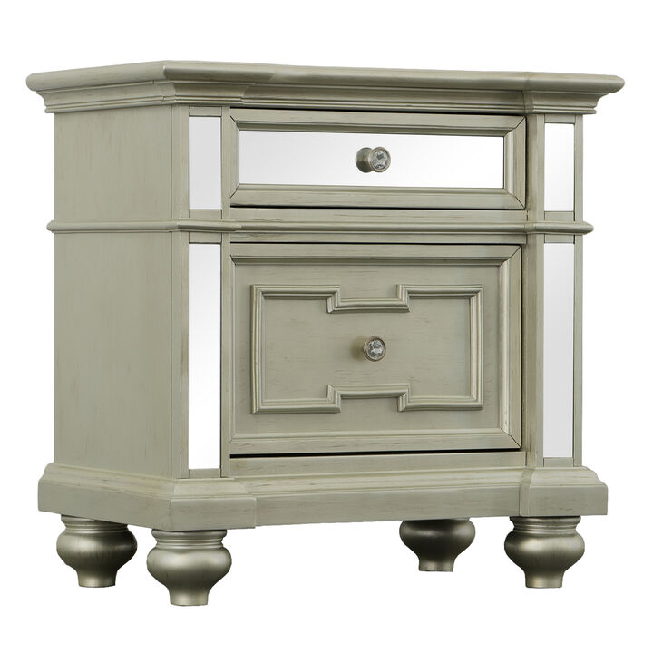 28 Inch Bedside Nightstand, 2 Drawers, Mirror Panels, Crystal Acrylic Knobs, Silver-Benzara