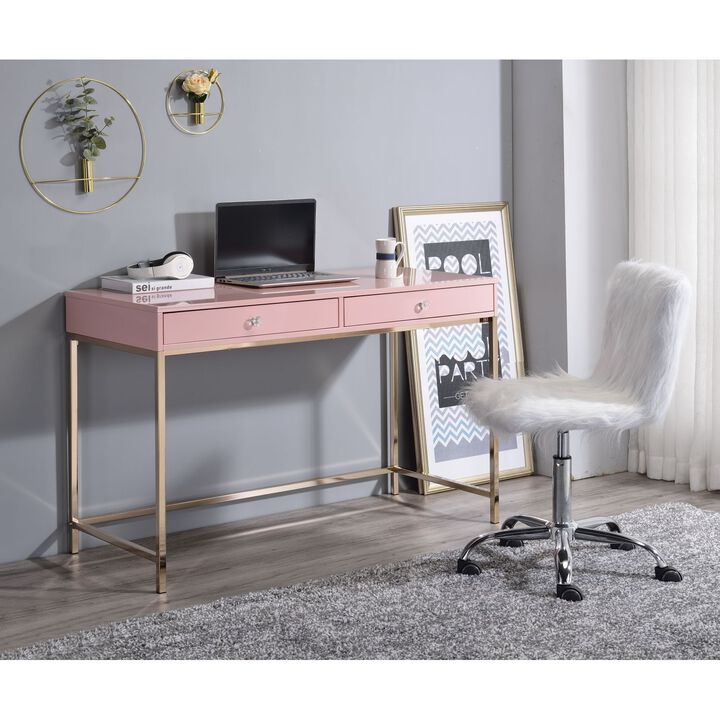 Ottey Writing Desk, Pink High Gloss & Gold Finish 93545