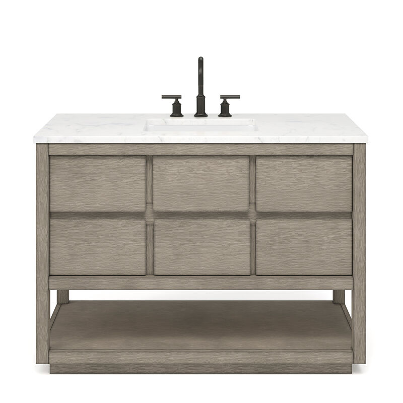 Oakman 48 In. Single Sink Carrara White Marble Countertop Bath Vanity in Grey Oak