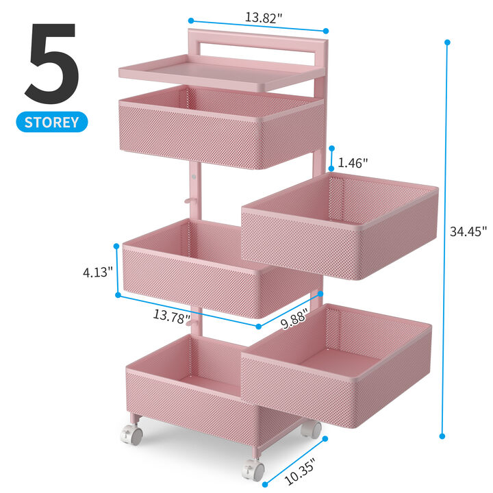 Rotating Kitchen Storage Rack with Handle, Fruit Vegetable Storage Shelf, Rolling Storage Cart, Multifunctional Household Shelf for Bedroom, Bathroom, Living Room(White, 5-Tier Pink)