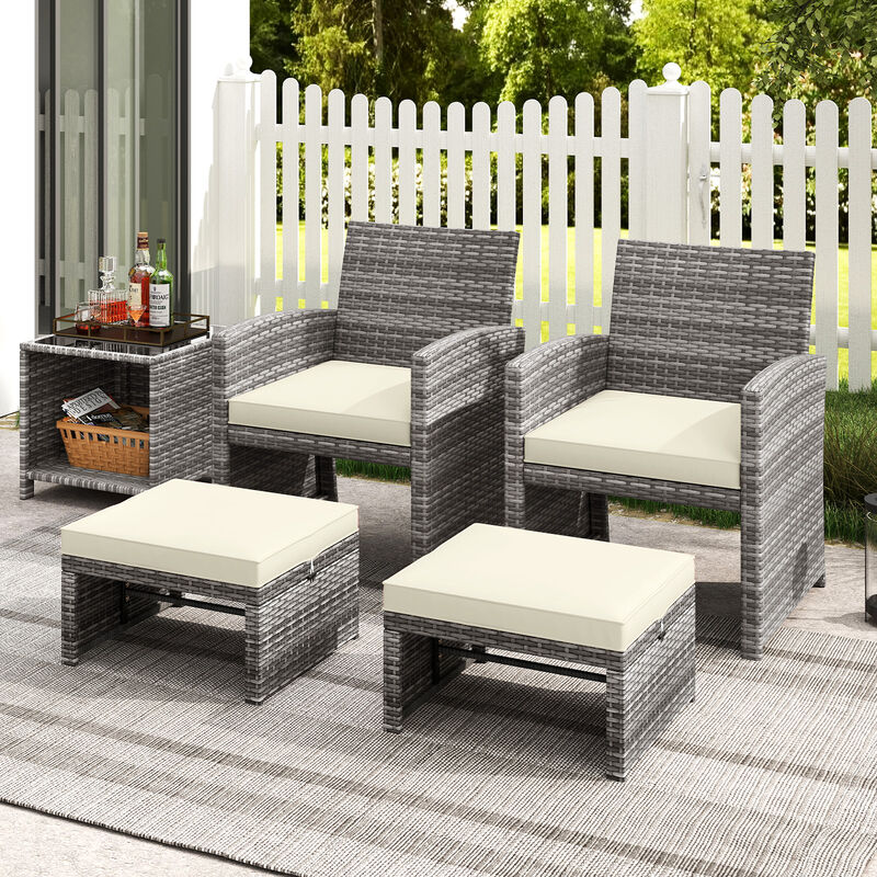 2 Pieces Patio PE Rattan Ottomans with Soft Zippered Cushions for Deck