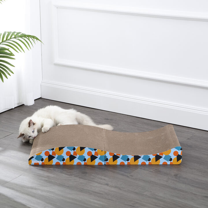 Eero 32" Modern Cardboard Foldable Lounge Cat Scratcher with Catnip, Blue/Orange