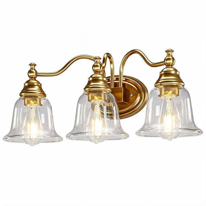 Gold Bathroom Vanity Light, Three-Light Clear Glass Bell Shades