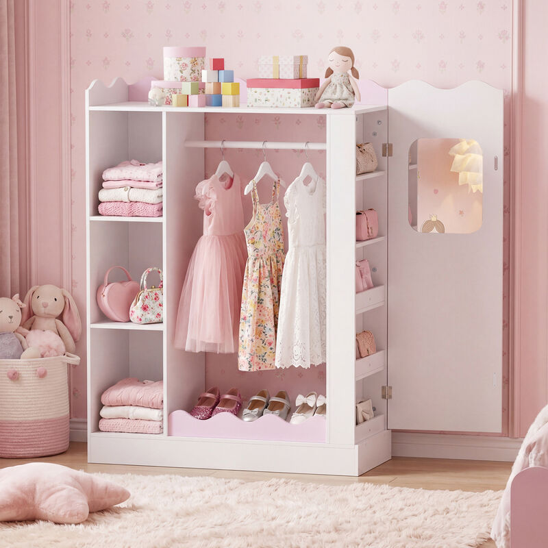 Kids Dress Up Closet with Mirror, Hanging Rod and Storage Shelves image number 2