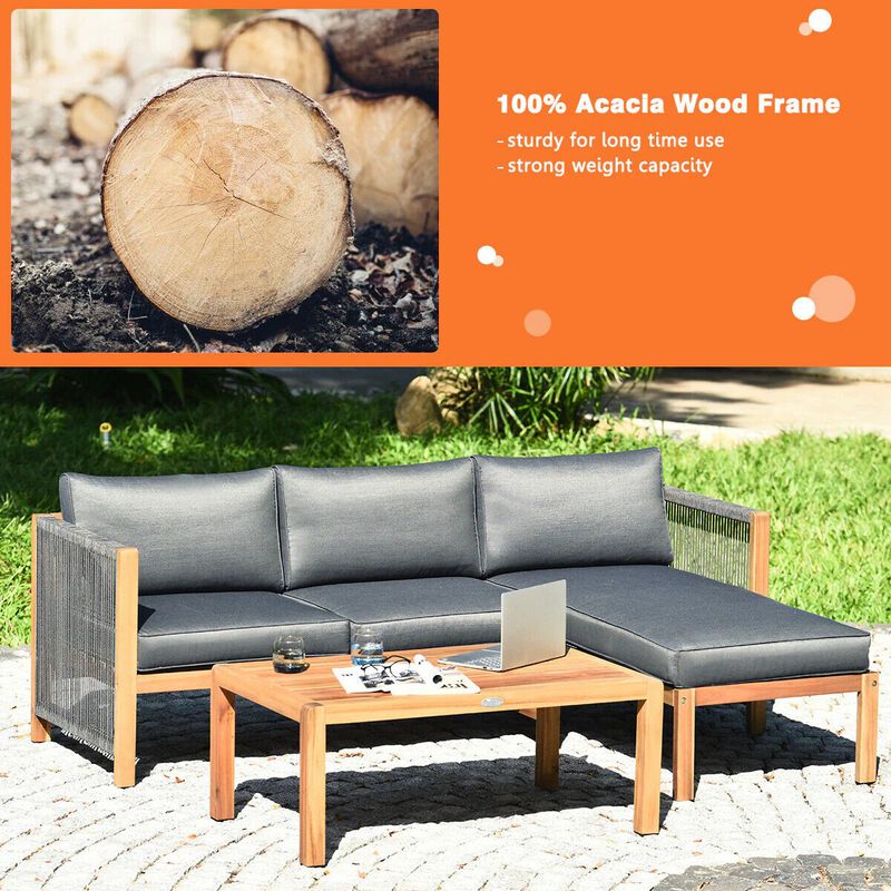 Mondawe 3 Pieces Patio Acacia Wood Sofa Furniture Set with Nylon Rope Armrest