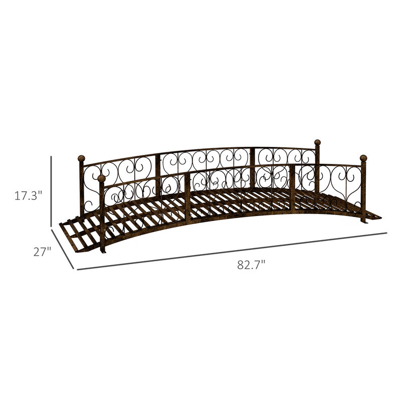 Outsunny 7' Metal Arch Garden Bridge with Safety Siderails, Decorative Arc Footbridge with Delicate Scrollwork "S" Motifs for Backyard Creek, Stream, Fish Pond, Bronze