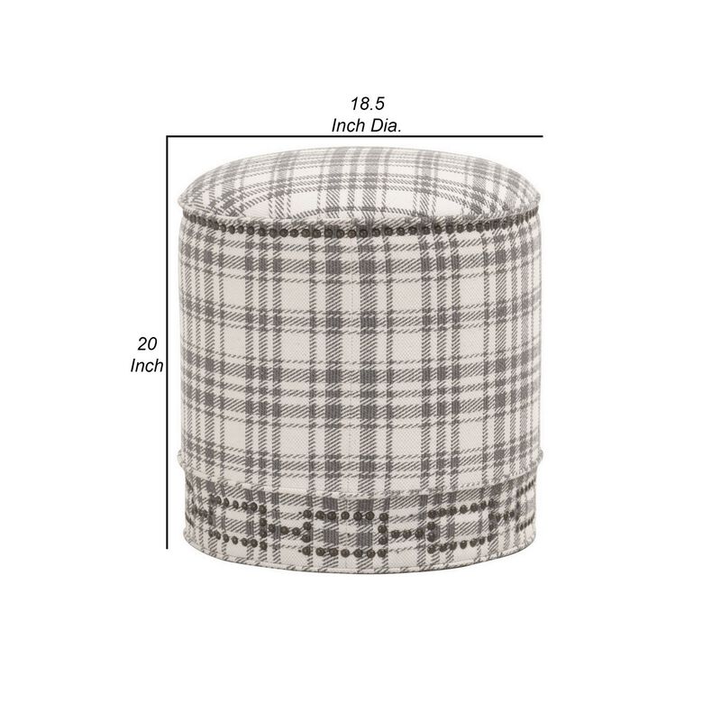 Elly 20 Inch Plaid Fabric Ottoman, Round, Nailhead Accents, Gray, White-Benzara image number 5