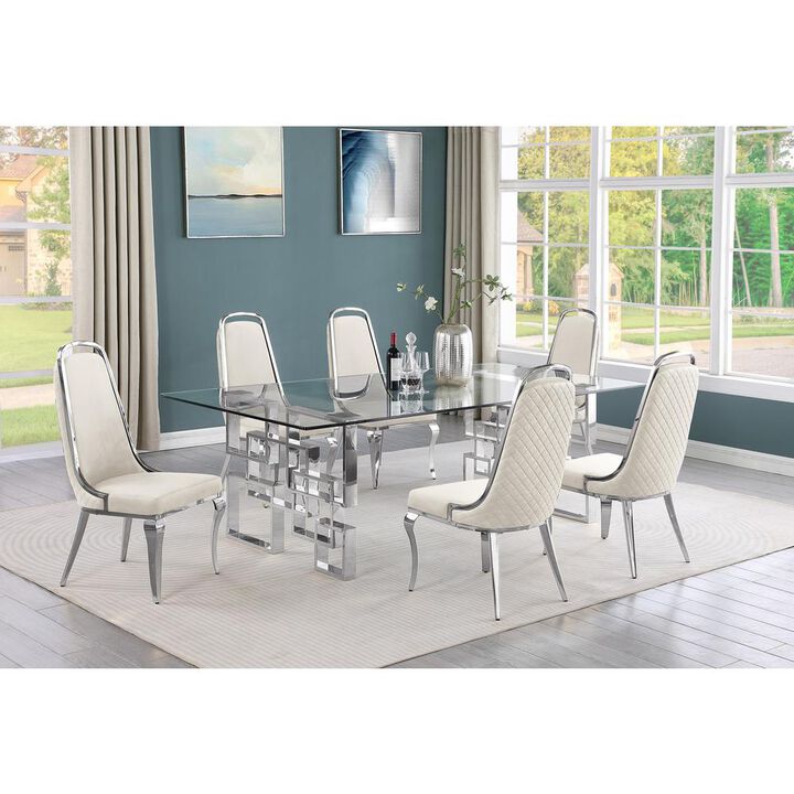 7-piece glam dining set with 6 Cream side chairs and one 95" glass dining table